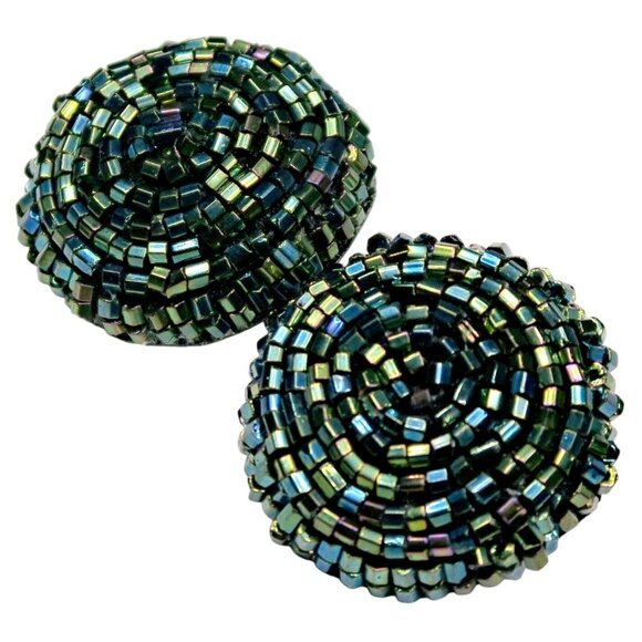 Iridescent Blue Beaded Clip-On Earrings Vintage 1960s-70s Statement Jewelry - Picture 1 of 4